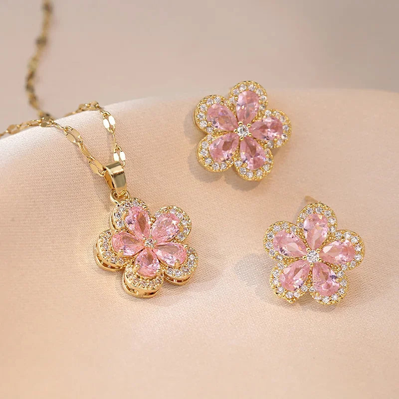 S925 Silver Needle Zircon Flower Jewelry | Earrings, Necklace & Blue Crystal Set | Luxury Banquet Style