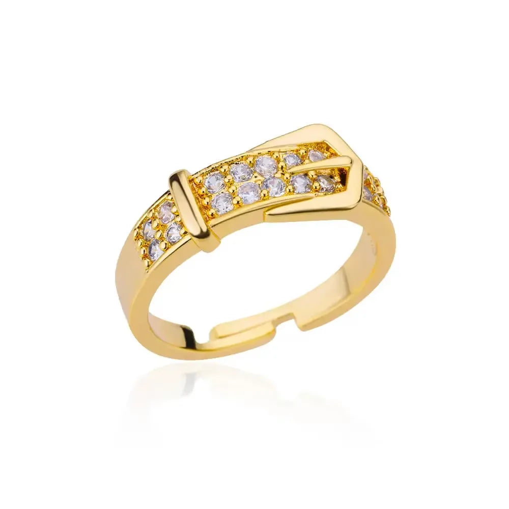 18K Gold Plated Zircon Ring | Adjustable Stainless Steel | Geometric Aesthetic | Women's Wedding & Party Jewelry