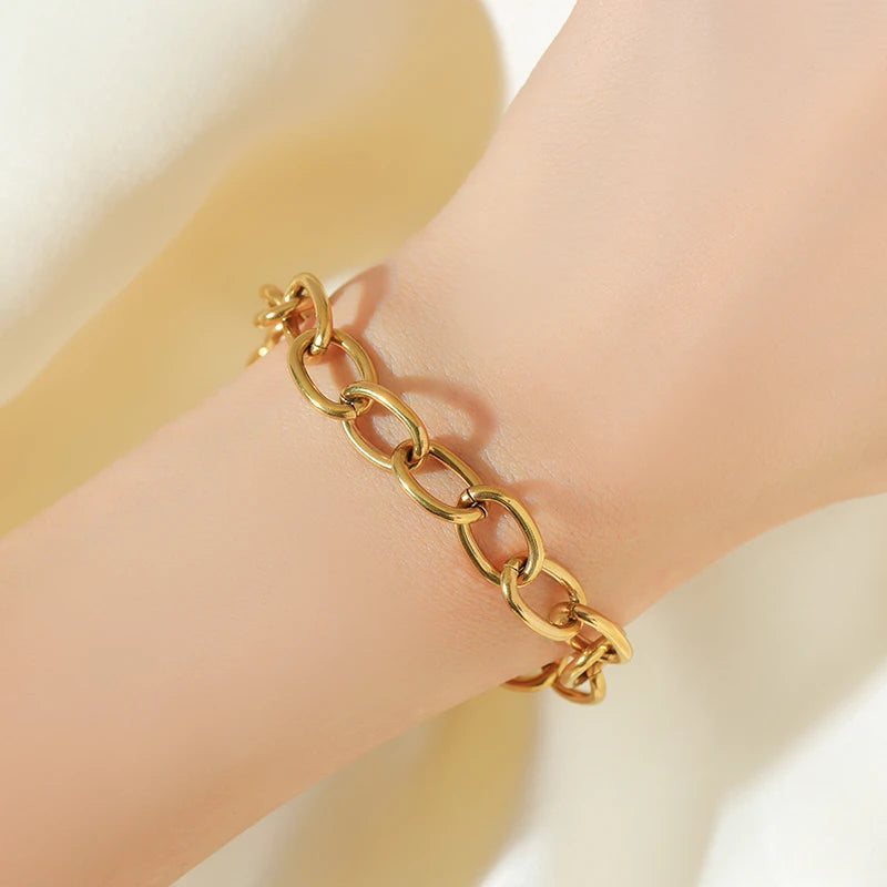 Stainless Steel Beaded Charm Bracelet for Women – 18K Gold Plated Link Chain
