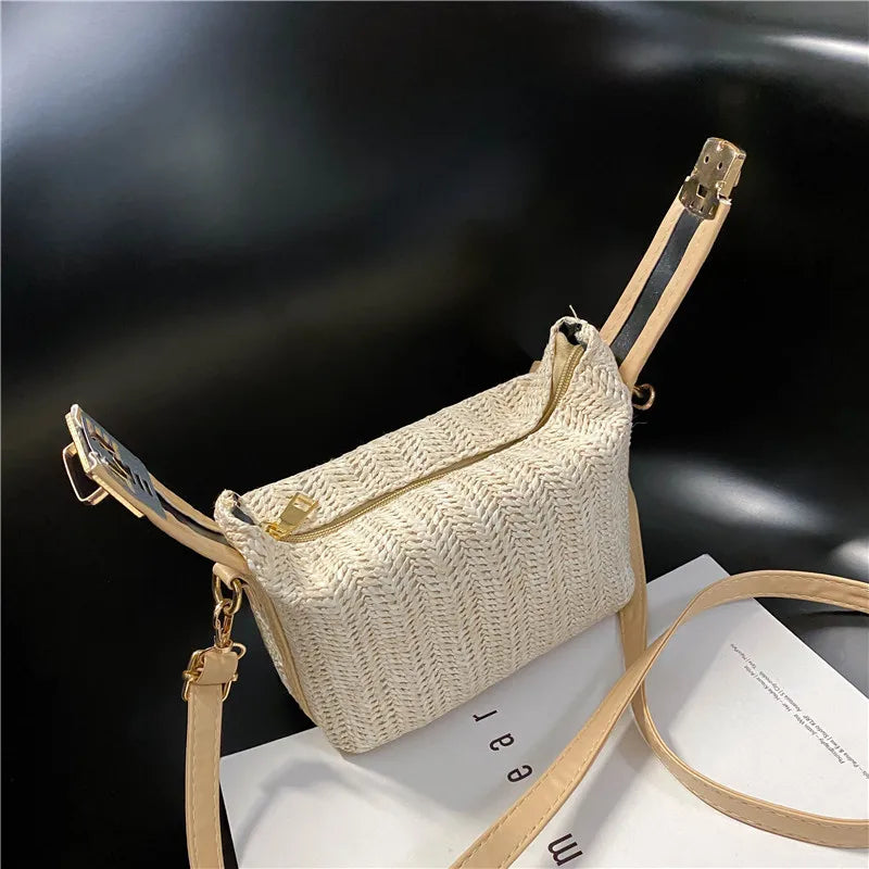 HOMEFISH Summer Small Straw Handbag Trendy Shoulder Bag Woven Bucket Crossbody Bag Casual Seaside Beach Bag Gilrs Handle Tote Nanasbeautyholic