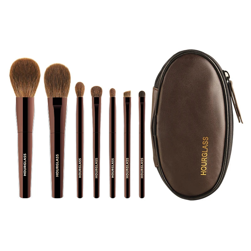 Hourglass Mini 7-Piece Professional Makeup Brush Set – Portable Eyeshadow, Blush & Powder Brushes with Soft Natural Hair