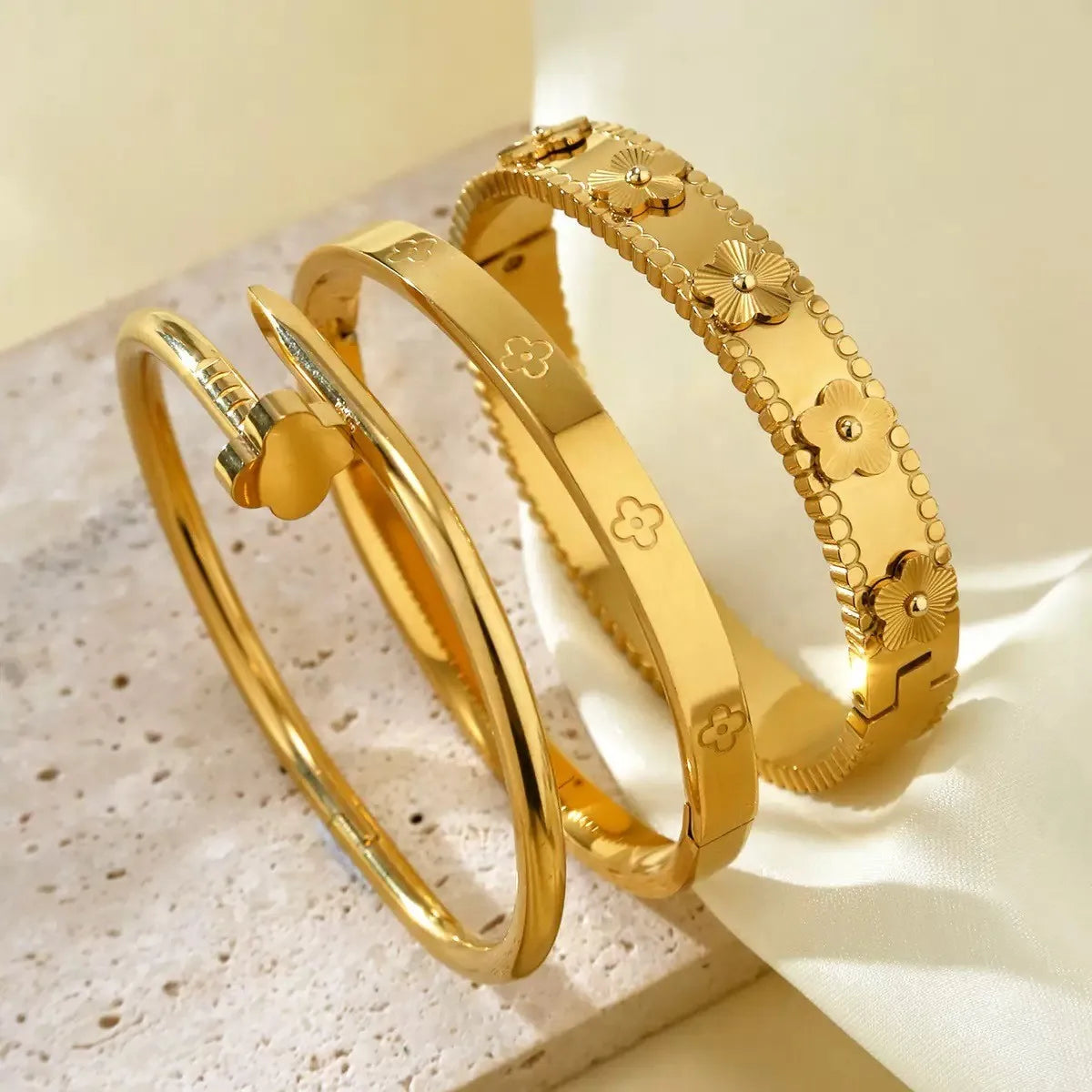 18K Gold Plated Cubic Zirconia Nail Bracelet | Stainless Steel Cuff Bangle | Flower Design | Women's Fashion Jewelry