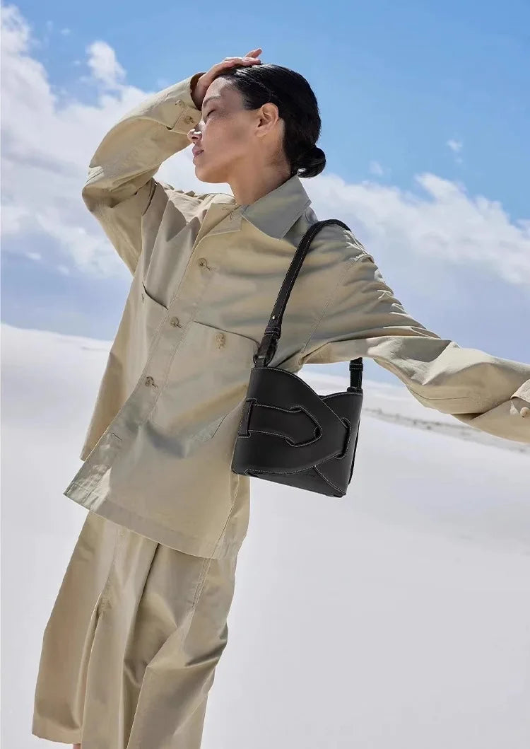 Genuine Leather Bucket Shoulder Bag for Women – Large Capacity Underarm Bag