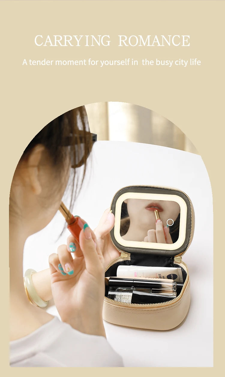 Rechargeable Travel Makeup Bag With LED Mirror, Compact Touch Screen Tabletop Cosmetic Mirror, 3 Colors Light Nanasbeautyholic