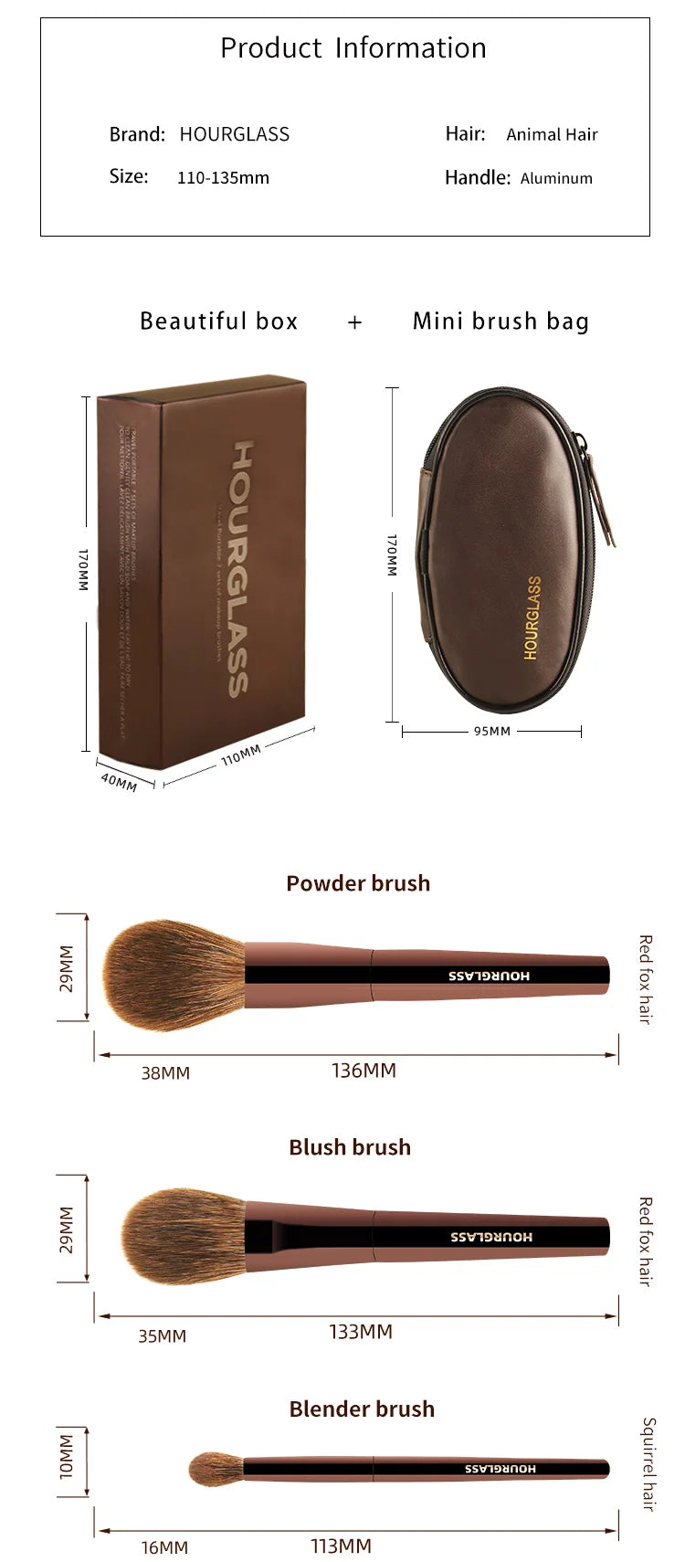 Hourglass Mini 7-Piece Professional Makeup Brush Set – Portable Eyeshadow, Blush & Powder Brushes with Soft Natural Hair
