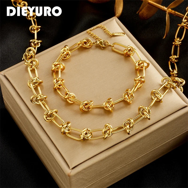 Twist Knot Necklace & Bracelet Set – 316L Stainless Steel, Gold & Silver