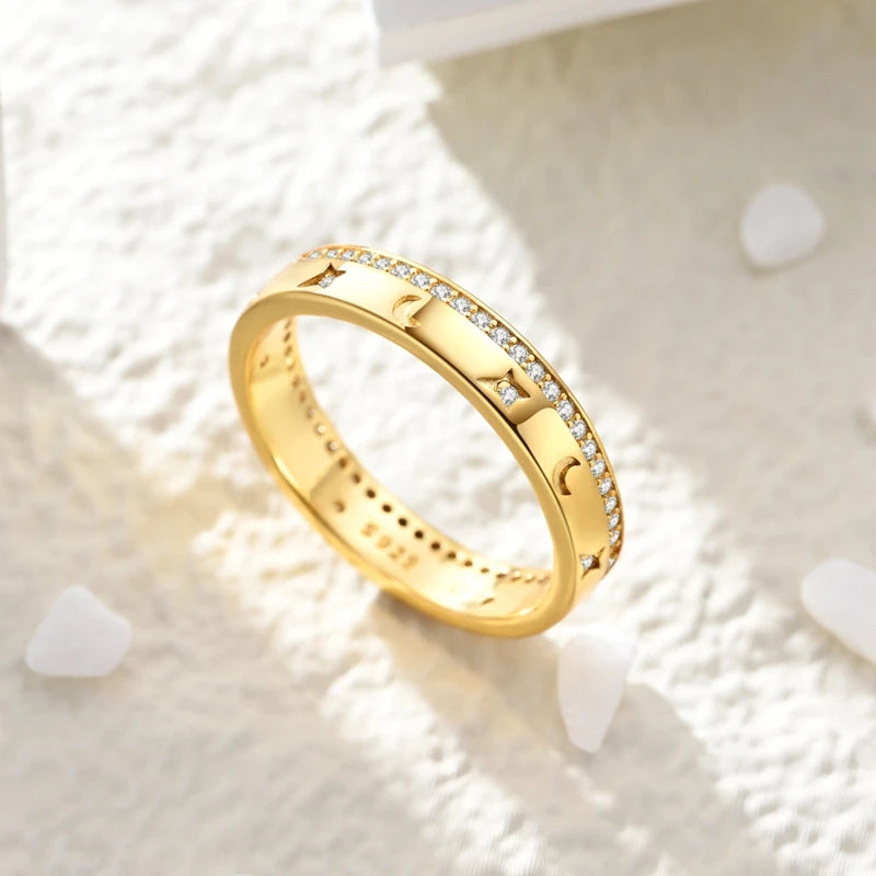 925 Sterling Silver Heart Star Moon Ring | Sparkling Zircon | Gold Chain Design | Women's Fine Jewelry Gift