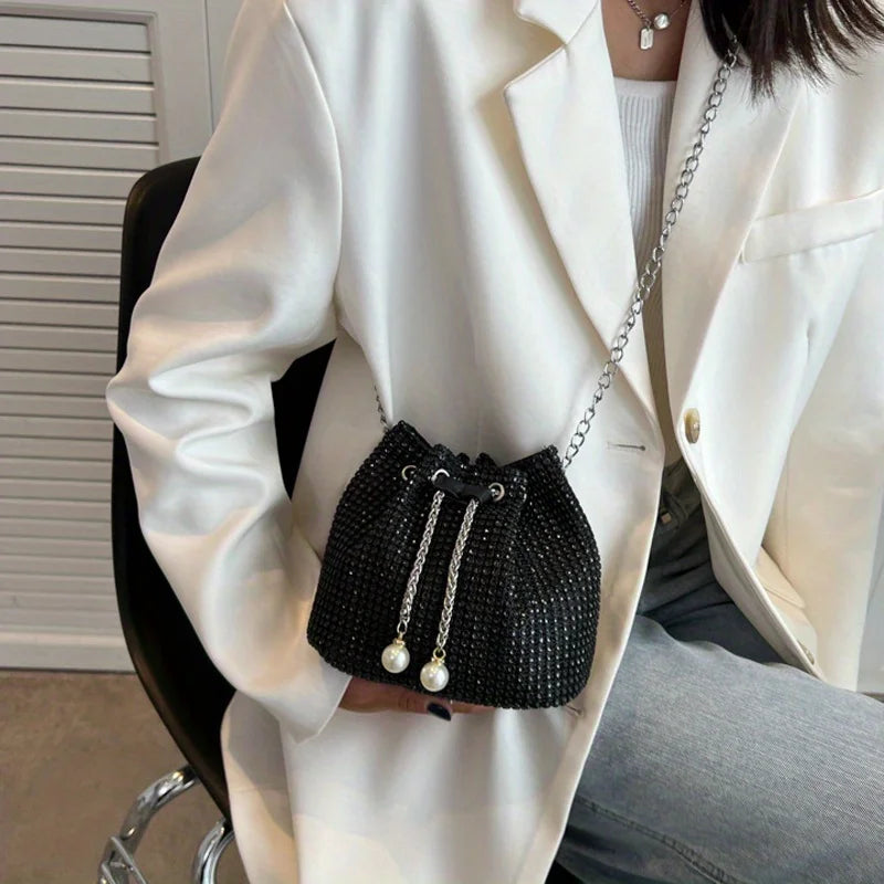 Rhinestone Drawstring Bucket Bag – Sparkling Crossbody Purse for Women