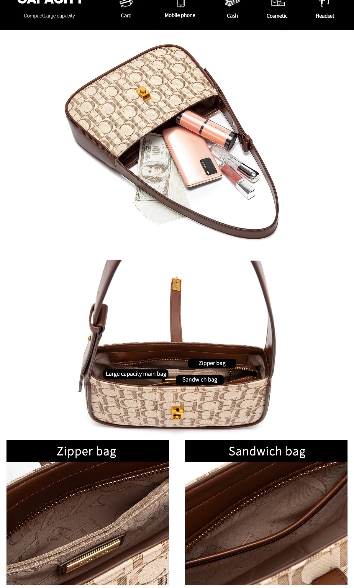 Luxury Baguette Shoulder Bag – Monogram PU Leather Handbag for Women