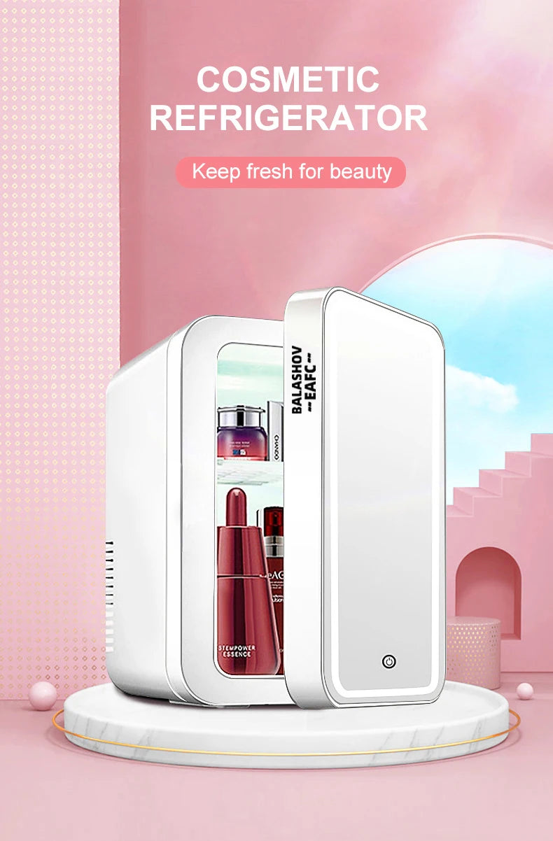 Mini Makeup Fridge WIth LED Light Mirror Portable Cosmetic Storage