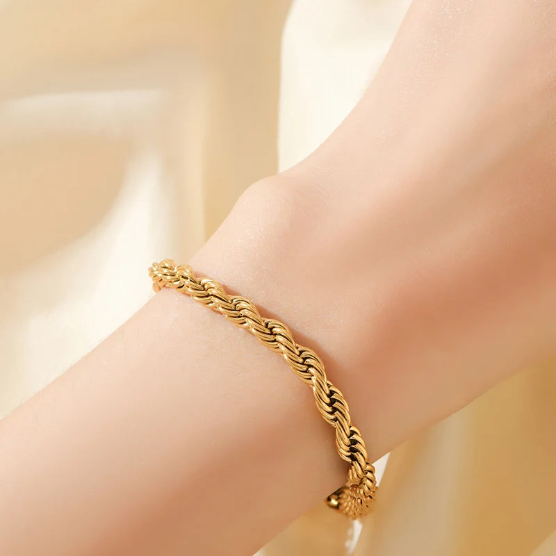 Stainless Steel Beaded Charm Bracelet for Women – 18K Gold Plated Link Chain