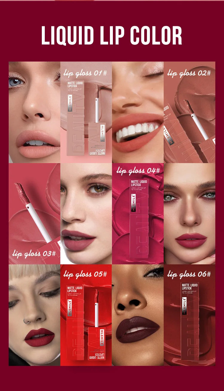 MLSMILE 6 Color Non-stick cup Velvet Satin Gloss Lip glaze Mist Liquid matte lipstick Waterproof long-lasting color liquid Nanasbeautyholic