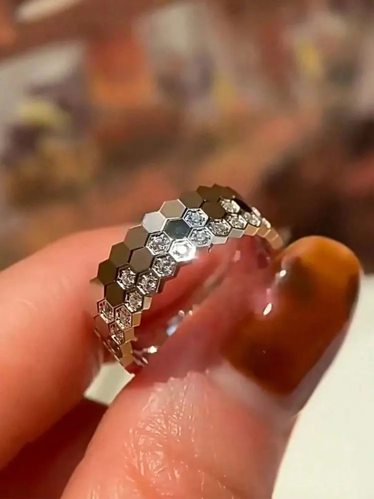 925 Sterling Silver Zircon Hexagon Ring | Gold, Silver & Rose Gold | Sizes 6–10 | Women's Fine Jewelry