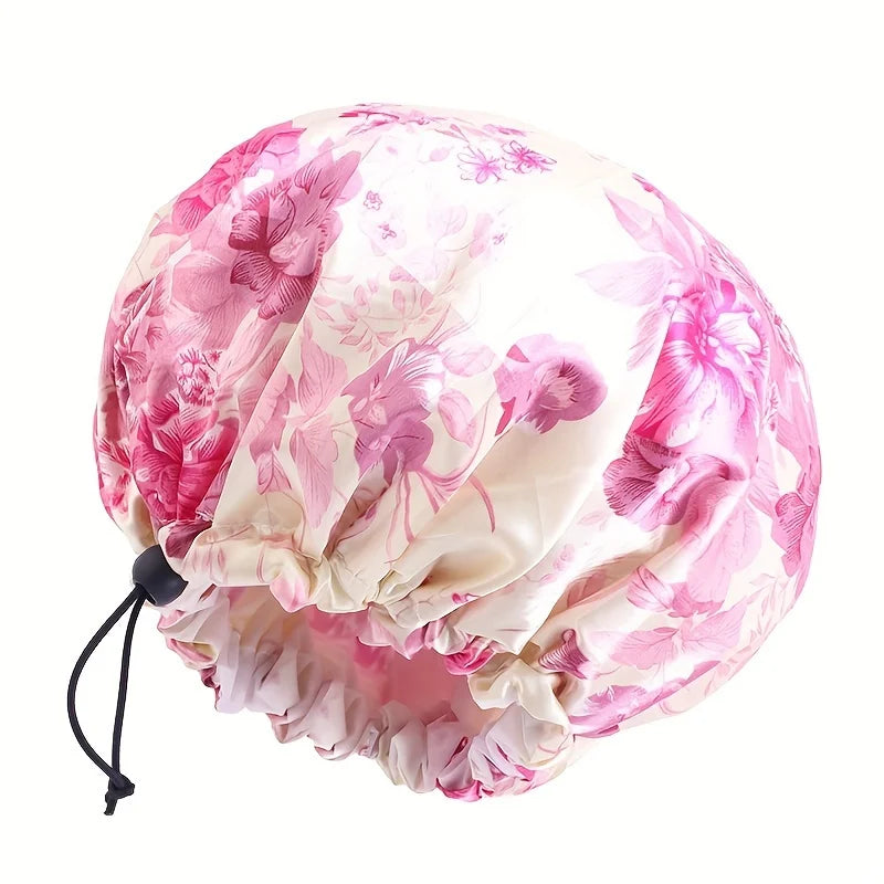 Women Double Layer Waterproof Shower Cap Floral Print Adjustable Double-Layer Elastic Hair Cap Bathing Accessory Nanasbeautyholic