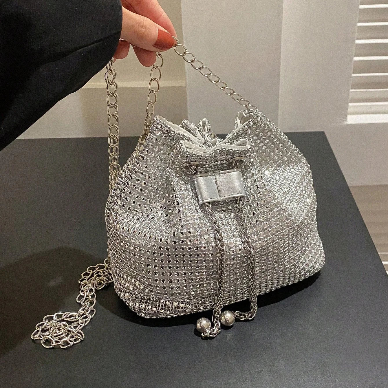 Rhinestone Drawstring Bucket Bag – Sparkling Crossbody Purse for Women