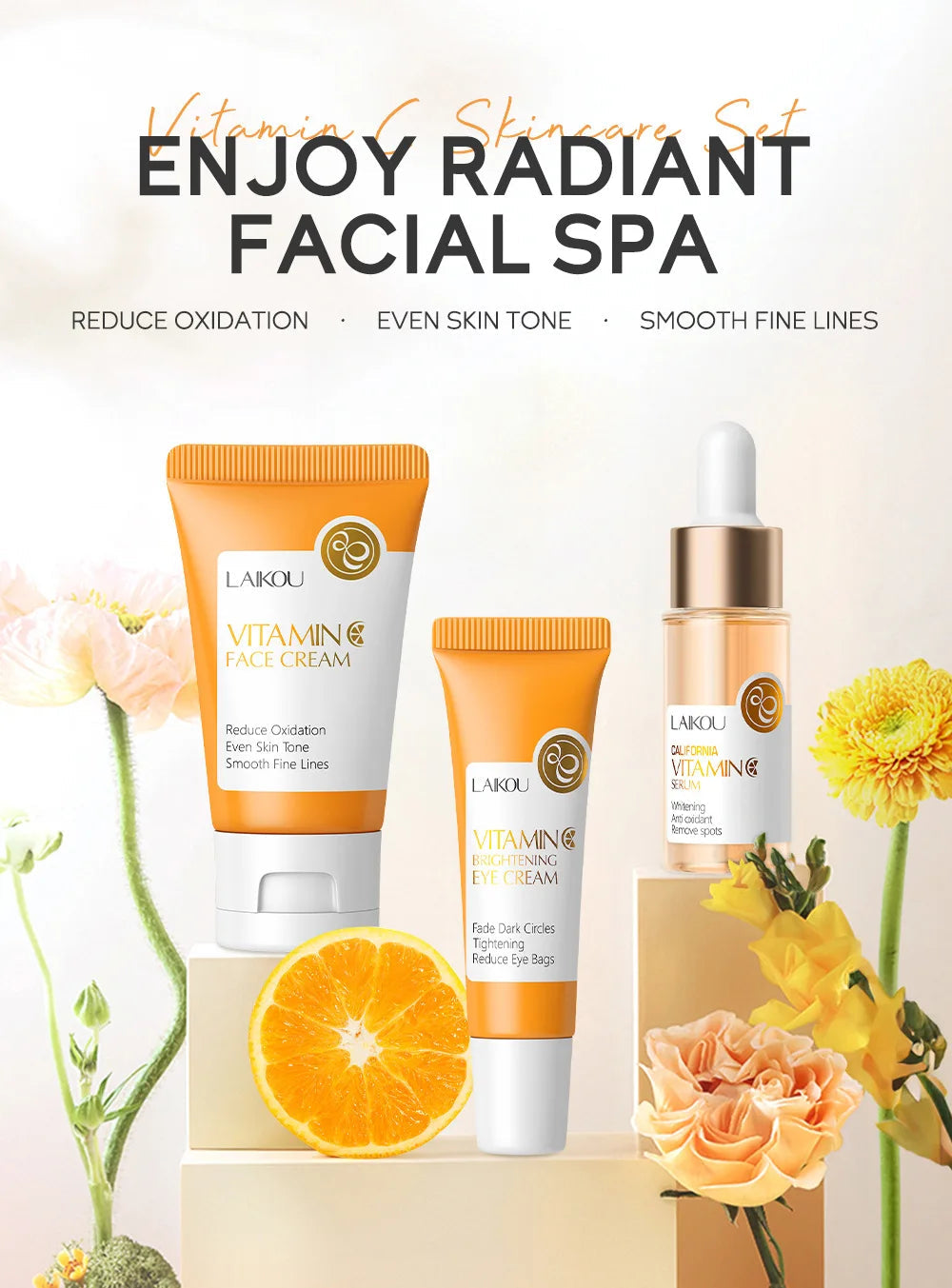 3pcs/set LAIKOU Skin Care Set Vitamin C Sakura Snail Essence Serum & Eye Cream & Face Cream Moisturizer Travel Size Skincare Set Nanasbeautyholic
