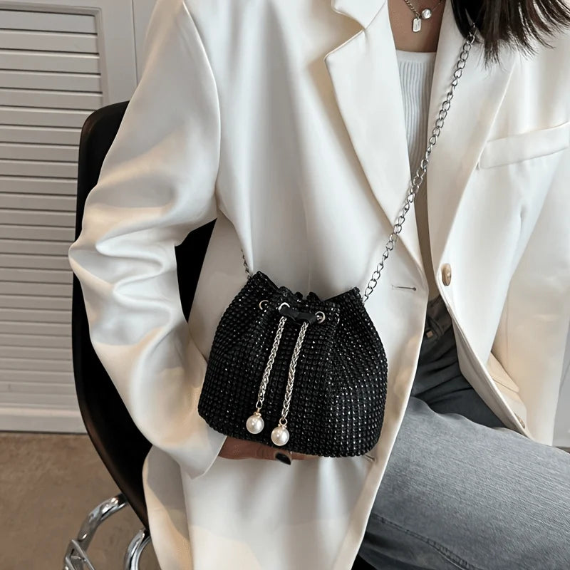 Rhinestone Drawstring Bucket Bag – Sparkling Crossbody Purse for Women