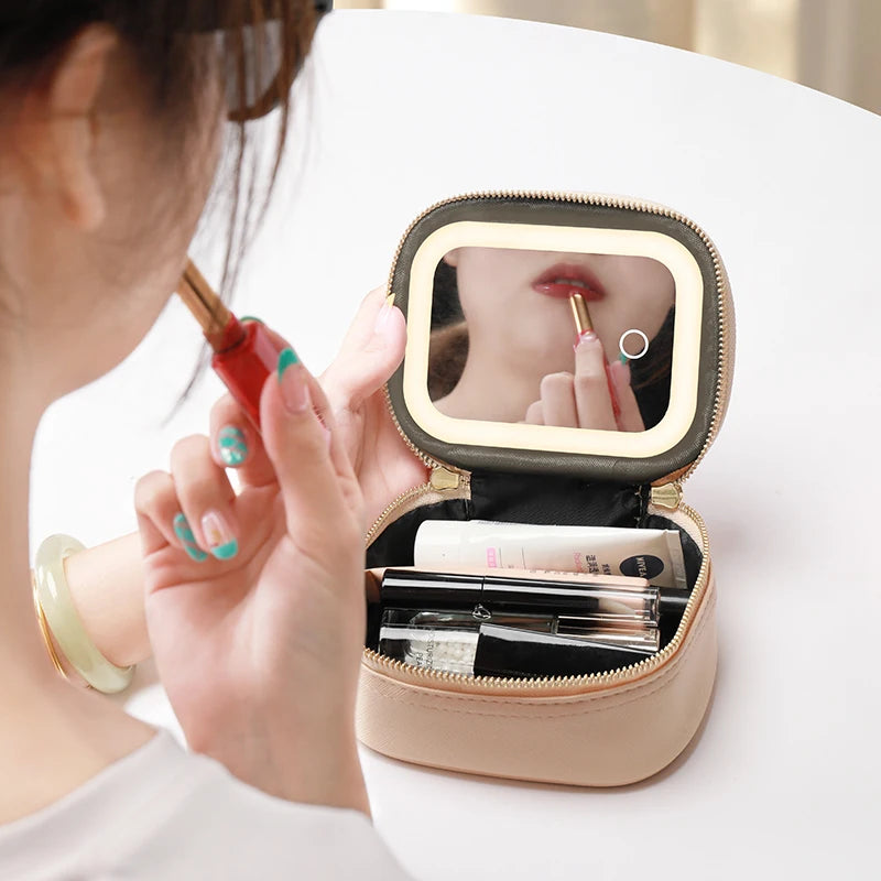 Rechargeable Travel Makeup Bag With LED Mirror, Compact Touch Screen Tabletop Cosmetic Mirror, 3 Colors Light Nanasbeautyholic