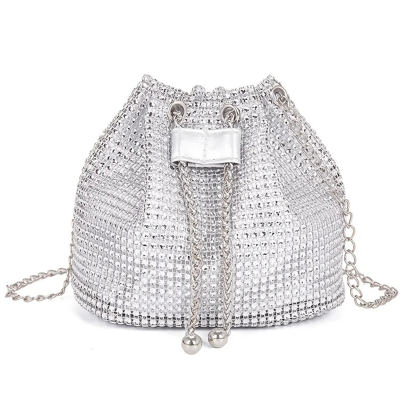 Rhinestone Drawstring Bucket Bag – Sparkling Crossbody Purse for Women