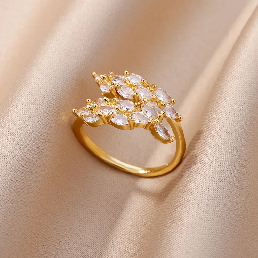 18K Gold Plated Zircon Flower & Leaf Ring | Adjustable Stainless Steel | Women's Aesthetic Wedding Band