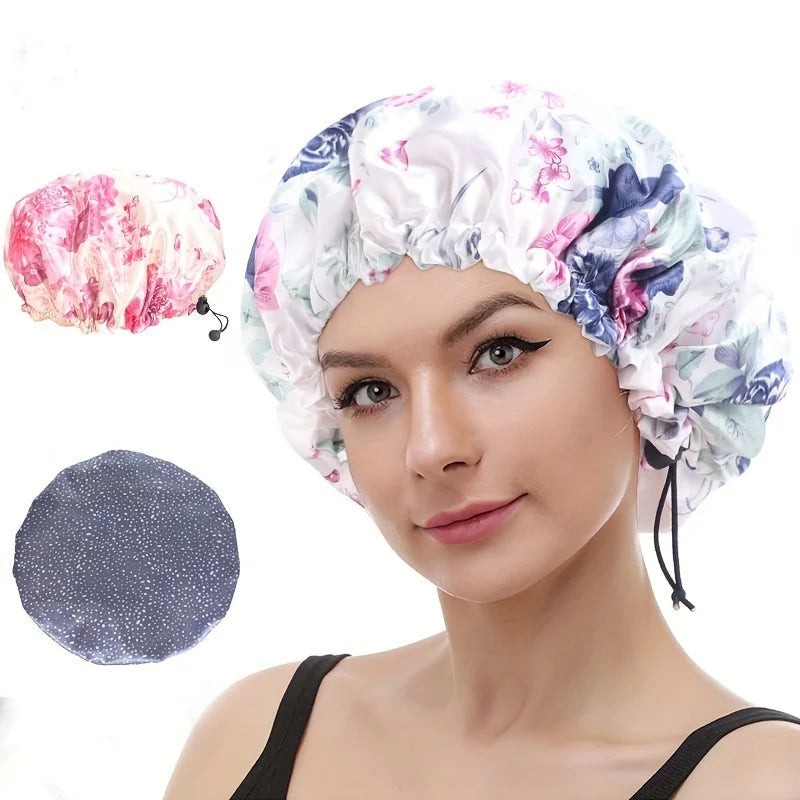 Women Double Layer Waterproof Shower Cap Floral Print Adjustable Double-Layer Elastic Hair Cap Bathing Accessory Nanasbeautyholic