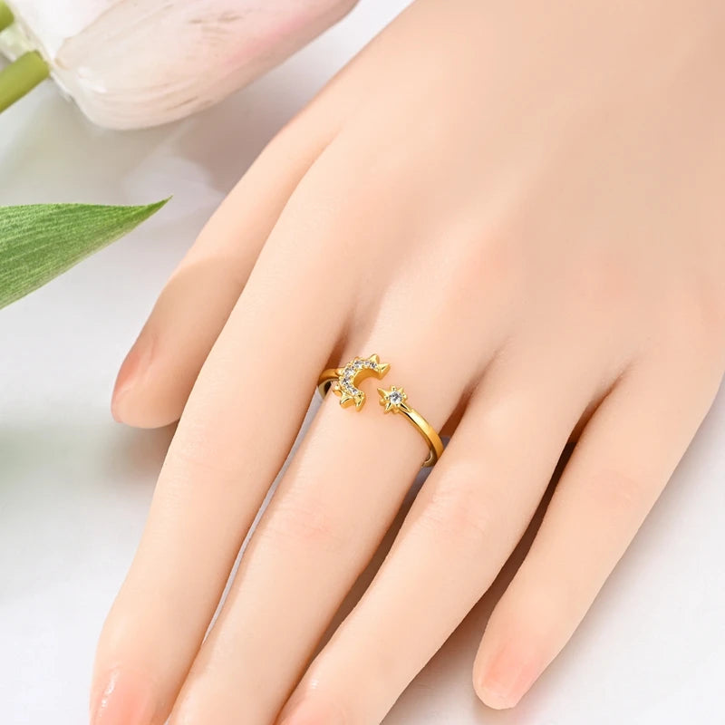 925 Sterling Silver Heart Star Moon Ring | Sparkling Zircon | Gold Chain Design | Women's Fine Jewelry Gift
