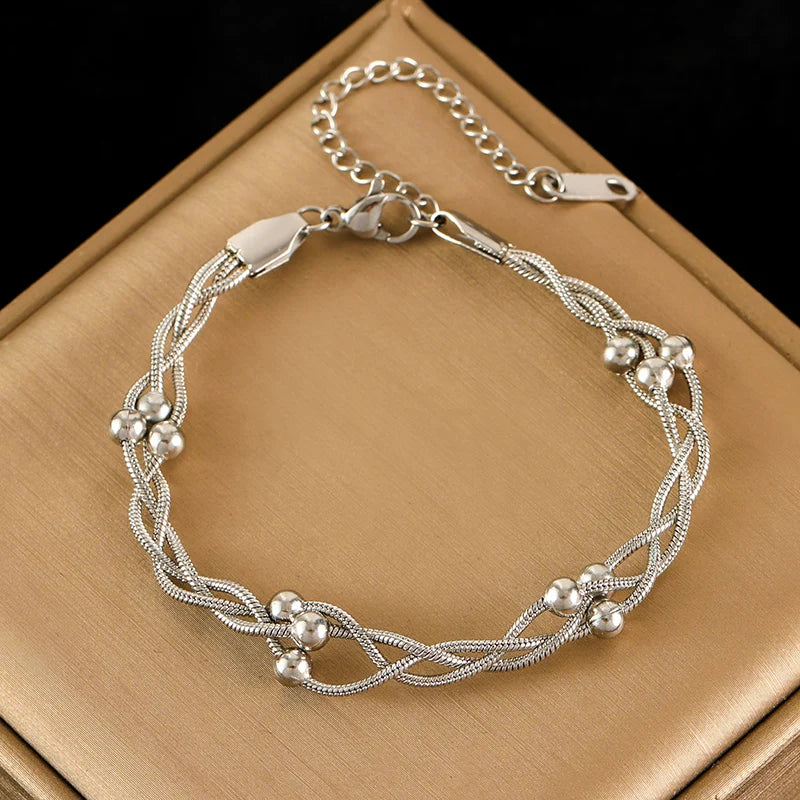Stainless Steel Beaded Charm Bracelet for Women – 18K Gold Plated Link Chain