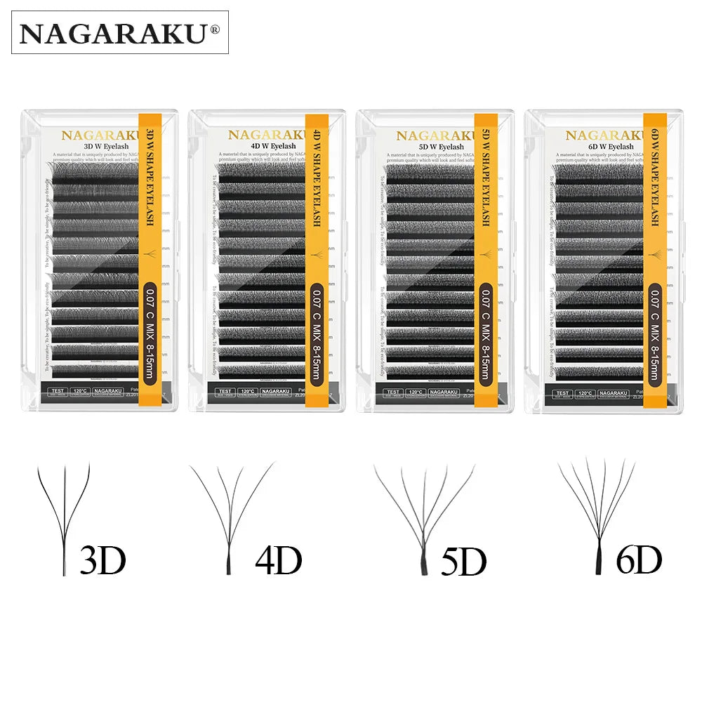 NAGARAKU W Shape Bloom Premade Fans | 3D 4D 5D Double Tips | C/D Curl | 8–15mm