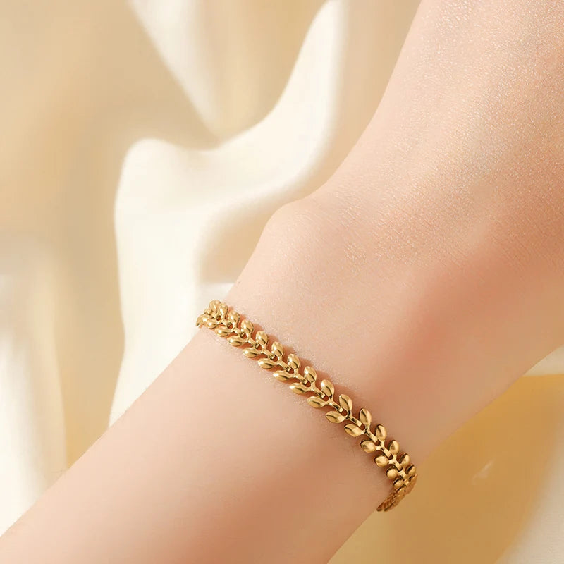 Stainless Steel Beaded Charm Bracelet for Women – 18K Gold Plated Link Chain