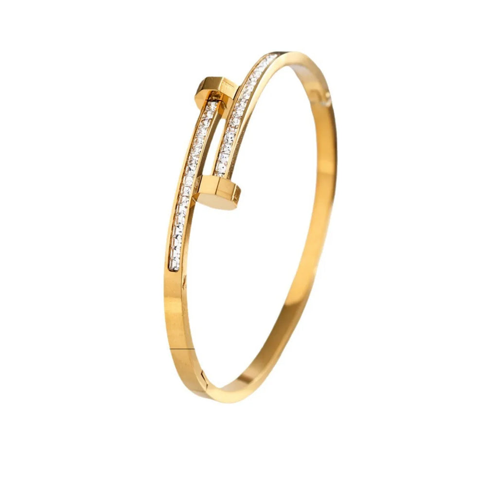 18K Gold Plated Cubic Zirconia Nail Bracelet | Stainless Steel Cuff Bangle | Flower Design | Women's Fashion Jewelry