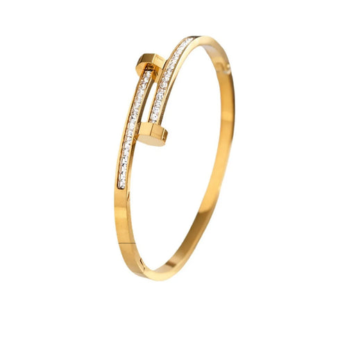 18K Gold Plated Cubic Zirconia Nail Bracelet | Stainless Steel Cuff Bangle | Flower Design | Women's Fashion Jewelry
