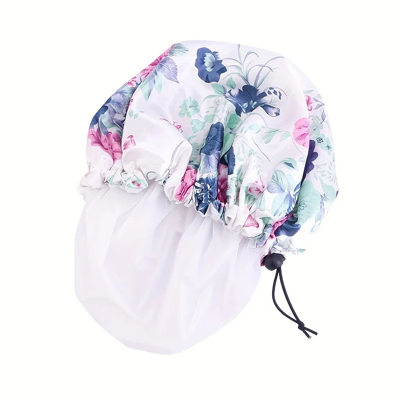 Women Double Layer Waterproof Shower Cap Floral Print Adjustable Double-Layer Elastic Hair Cap Bathing Accessory Nanasbeautyholic