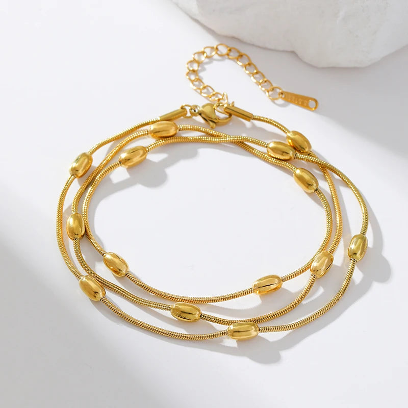 Stainless Steel Beaded Charm Bracelet for Women – 18K Gold Plated Link Chain