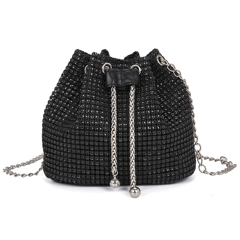 Rhinestone Drawstring Bucket Bag – Sparkling Crossbody Purse for Women