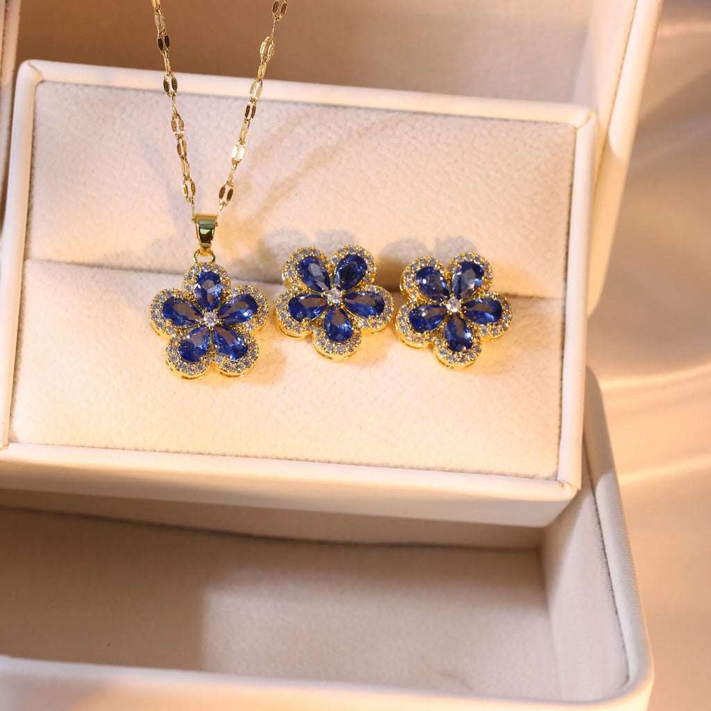S925 Silver Needle Zircon Flower Jewelry | Earrings, Necklace & Blue Crystal Set | Luxury Banquet Style
