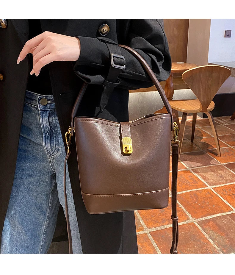 Genuine Leather Bucket Bag – Soft Cow Leather Shoulder & Crossbody Handbag