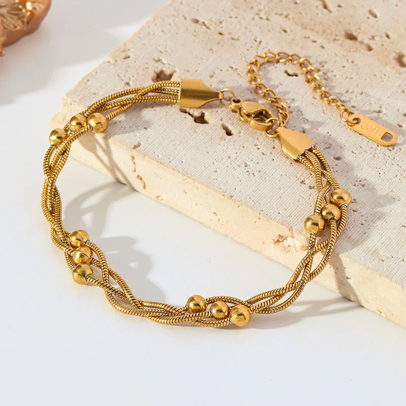 Stainless Steel Beaded Charm Bracelet for Women – 18K Gold Plated Link Chain