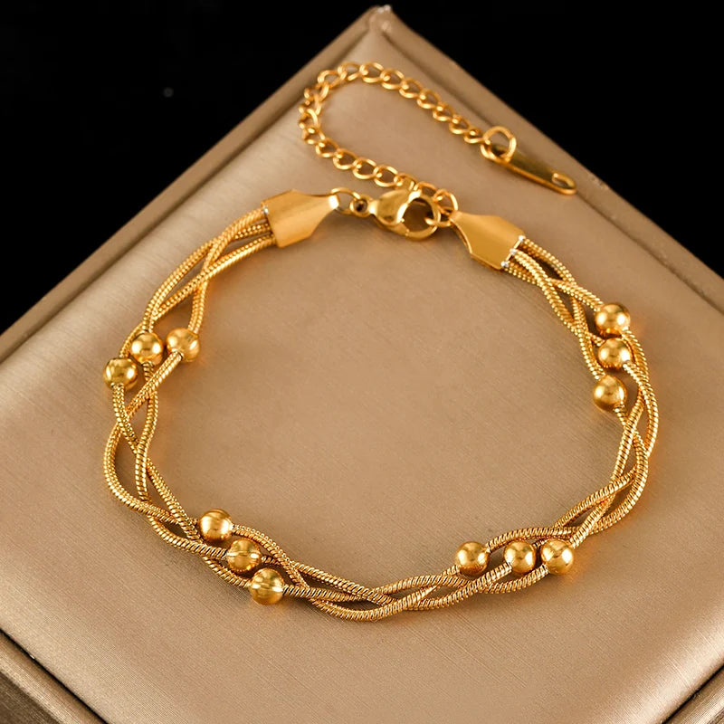 Stainless Steel Beaded Charm Bracelet for Women – 18K Gold Plated Link Chain