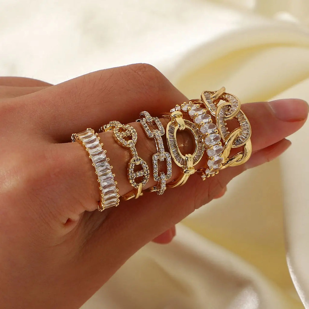 18K Gold Plated Zircon Ring | Adjustable Stainless Steel | Geometric Aesthetic | Women's Wedding & Party Jewelry
