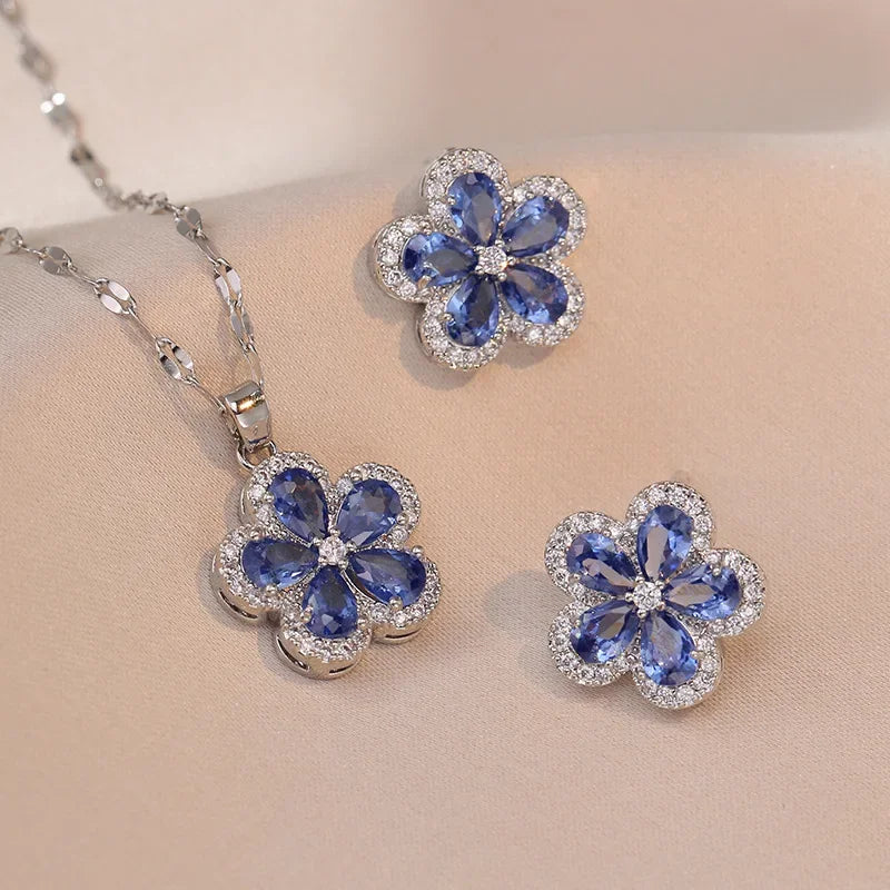 S925 Silver Needle Zircon Flower Jewelry | Earrings, Necklace & Blue Crystal Set | Luxury Banquet Style