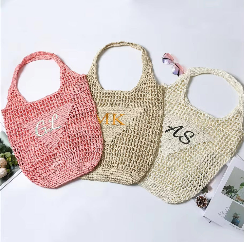 Personalized Embroidered Raffia Straw Tote Bag | Custom Monogram Beach Bag – 10 Colors