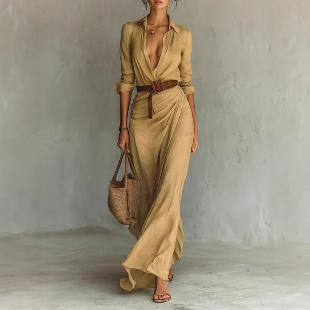 Asymmetric Midi Dress with Belt – Elegant Long-Sleeve Shirt Dress for Women