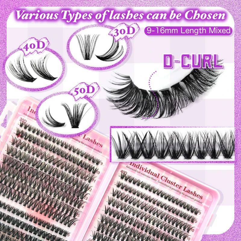 DIY Cluster Lash Extension Kit – D Curl Individual Lashes with Adhesive & Tools