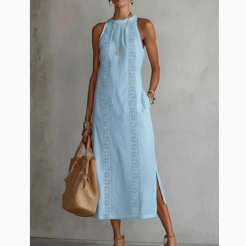 Lace-Detail A-Line Midi Dress – Sleeveless Cotton-Linen Women's Dress