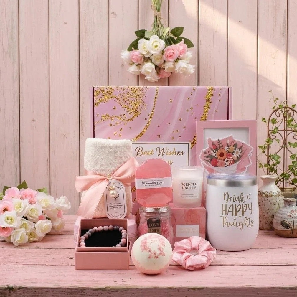 Luxury Spa Gift Basket Set – Pink & Purple Self-Care Gift Box for Women | Birthday, Wedding & Holiday