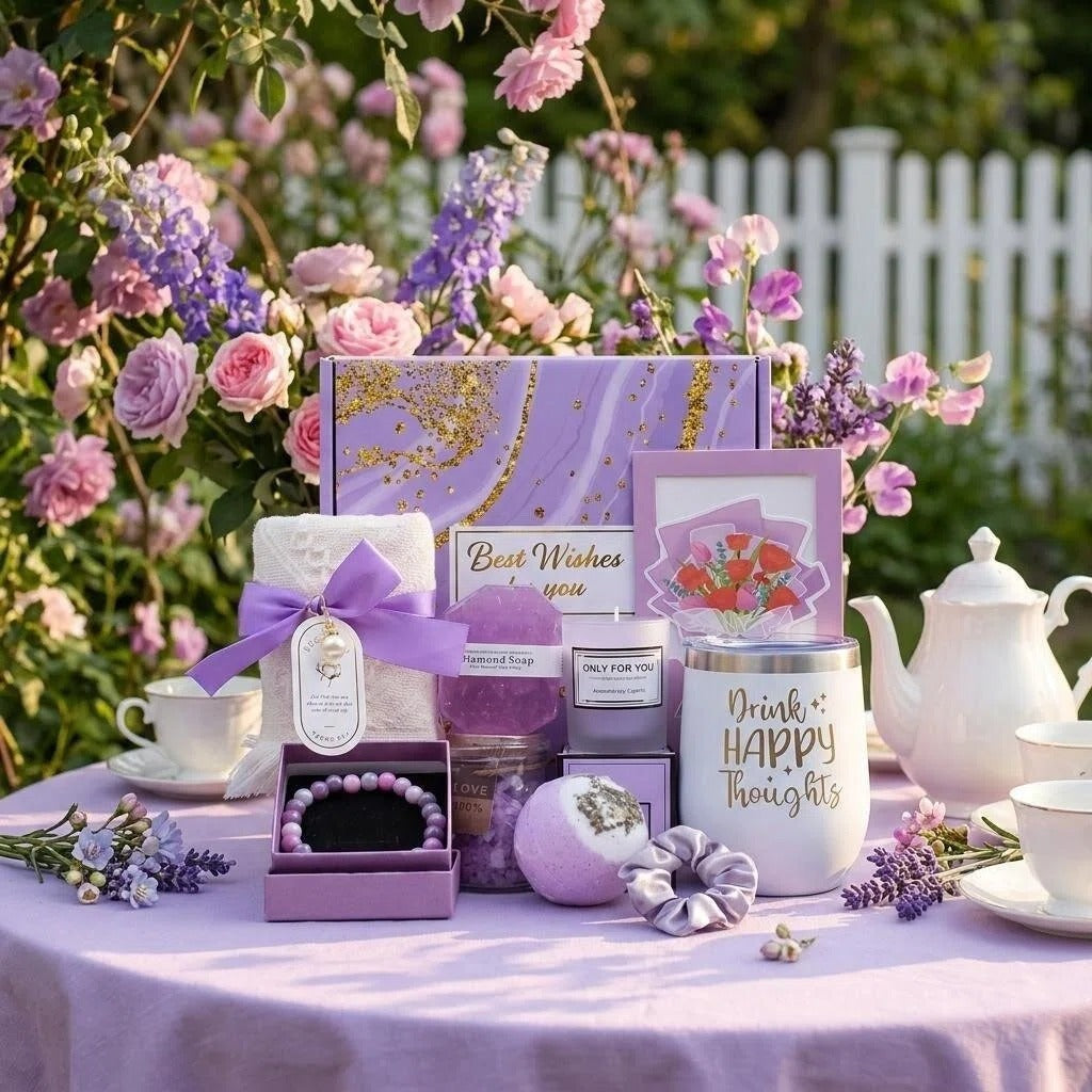 Luxury Spa Gift Basket Set – Pink & Purple Self-Care Gift Box for Women | Birthday, Wedding & Holiday