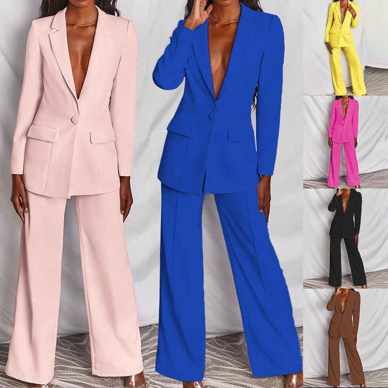 Women's Stretch Pantsuit Set | Long Sleeve Blazer & Wide-Leg Trousers