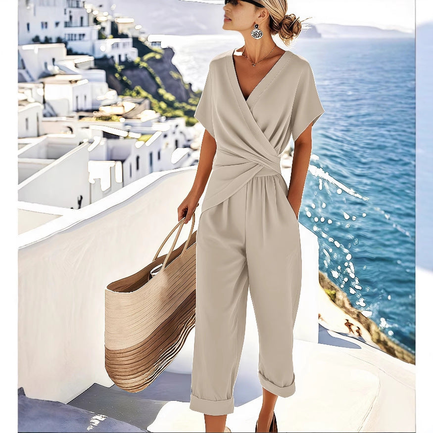 Women's Solid Color Irregular Short Sleeve Top & Cropped Pants Set