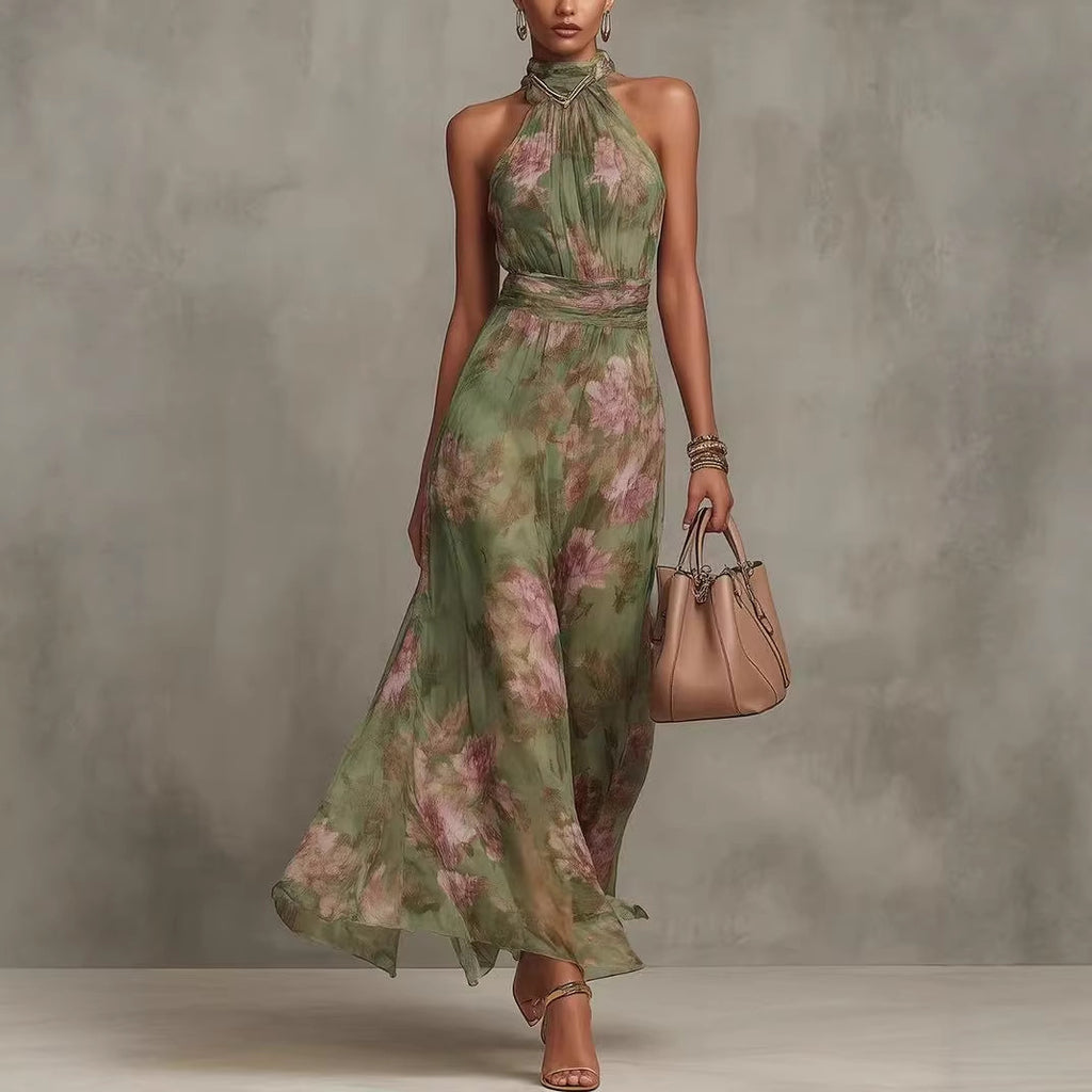 Floral Halter Neck Maxi Dress | Waist-Cinching A-Line Chiffon Dress