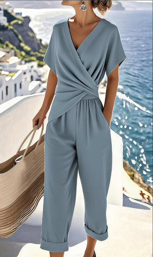 Women's Solid Color Irregular Short Sleeve Top & Cropped Pants Set